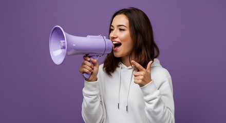 Young Woman in White Hoodie Shouting into Purple Megaphone, Announcing Important News, Purple Background