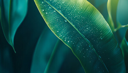 Obraz premium Beautiful details of nature. Morning dew drops on fresh green leaf. Summer nature macro pattern, fresh rain drops on green leaf. Peaceful tranquil ecology Beauty in nature. Relaxing soft blue green