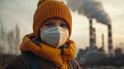 A young boy wearing a face mask gazes towards a coal power plant releasing thick clouds of smoke. His presence highlights the urgent issue of air pollution and its effects on children's health