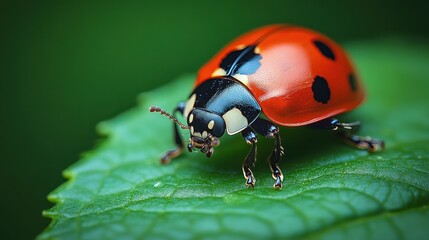 Fototapeta premium Close-up of a vibrant ladybug on a green leaf.