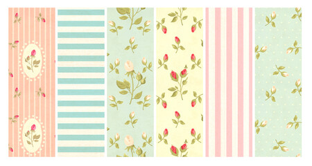 Set of vertical or horizontal banner with retro pattern with rose flower and strips in shabby chic style and paper texture. Collection of vintage background in romantic cozy style. Copy space for text