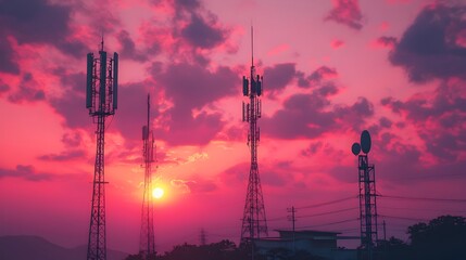 Fototapeta premium Three telecommunication towers stand silhouetted against a vibrant pink and orange sunset sky showcasing modern technology infrastructure.