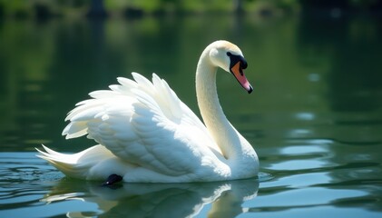 Obraz premium Graceful white swan glides on calm lake water, morning, pond