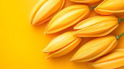 Obraz premium Vibrant yellow ylang-ylang flowers arranged artfully on a bright yellow background create a cheerful and visually appealing image perfect for various