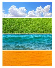 Horizontal nature banners with water, sand, grass and a blue sky with clouds, creating a peaceful...