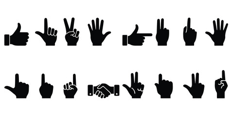 Black Hand Gesture Icons Vector Set – Peace Sign, Thumbs Up, Pointing, Fist, and Handshake Silhouettes