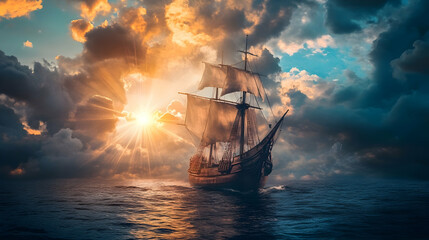 Obraz premium Sailing into a breathtaking sunrise: A journey on the open sea towards dawn