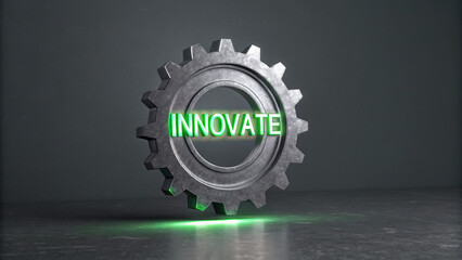 Metallic gear with "INNOVATE" in glowing green, symbolizing progress and industry.

