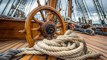 Obraz premium Maritime Heritage: An Intricate Ship's Wheel and nautical ropes detail captured on deck