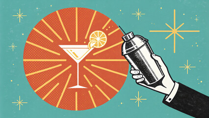 Retro cocktail design with martini glass, shaker, and vibrant orange accents.

