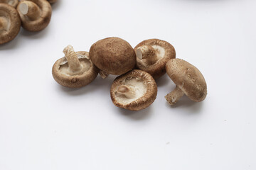 Fresh shiitake mushrooms on white background.