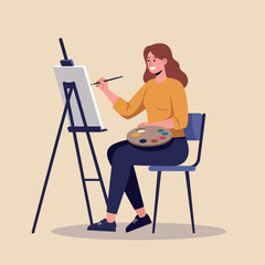 Woman sitting on chair painting on easel with palette in hand creative artistic activity vector illustration 