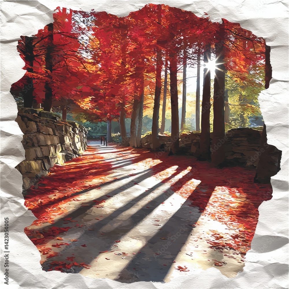 Aufkleber autumnal forest path: sunlit trees and fallen leaves through a torn paper frame displaying nature's 