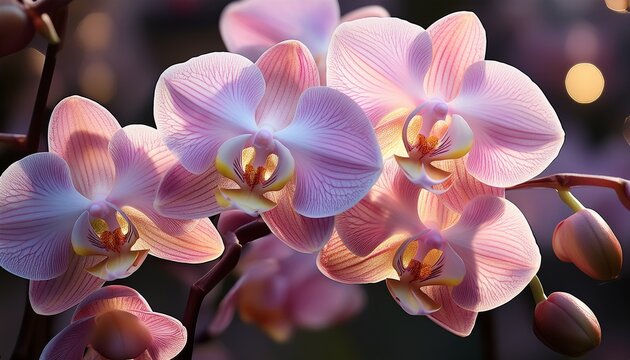 Delicate orchids in soft pastel shades, their intricate patterns and textures highlighted in a close-up view.