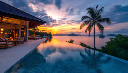 Fototapeta premium Outdoor luxury sunset over infinity pool swimming summer beachfront hotel resort, tropical landscape. Beautiful tranquil beach holiday vacation background. Amazing island sunset beach view, palm trees