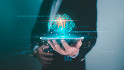 AI Agents and Assistants, Human show brain AI on tablet to manage Important Things in Life, The introduction of Artificial Intelligence and AI is enhancing human potential, Future technologies.