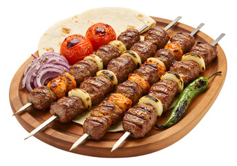 Delicious Grilled Shish Kebab:  Meat Skewers with Vegetables and Flatbread transparent background