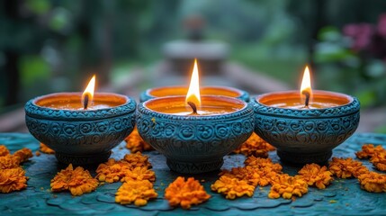 Obraz premium Teal ceramic candle holders with orange marigolds.