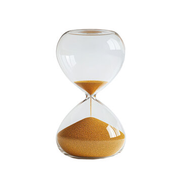 A glass hourglass timer with flowing golden sand, elegant and timeless design &ndash; Isolated Transparent Background