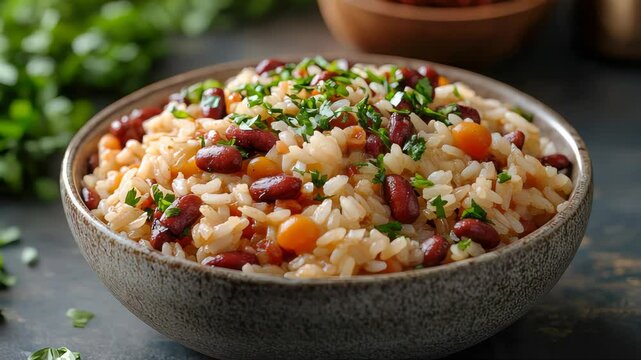 A bowl of red beans and rice garnished with fresh herbs, featuring hearty ingredients in a rustic ceramic bowl