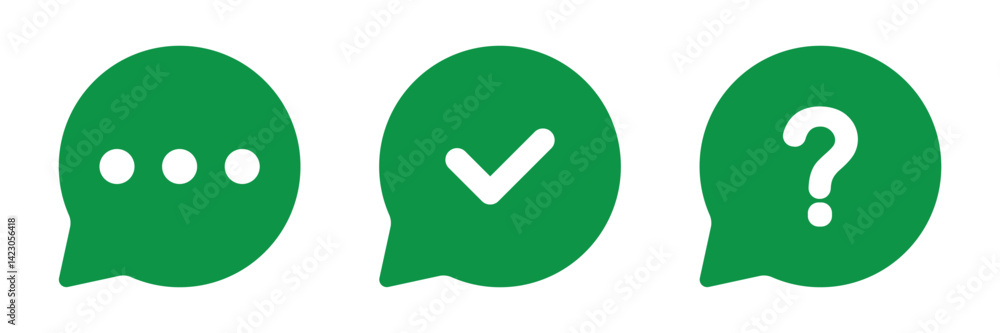 Poster green speech bubble icons with dot, tick and question mark. message symbol for app, website, ui and 