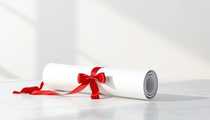 Rolled Graduation Diploma Certificate Tied with Red Ribbon Bow on Marble Surface