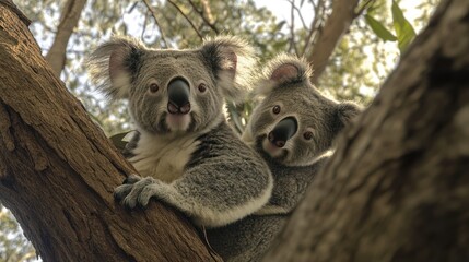 Fototapeta premium Two Koalas clinging to tree branch, Australian wildlife, nature