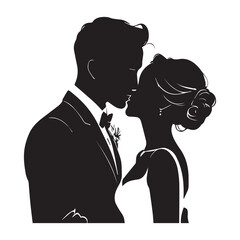 Silhouette of groom gently kissing bride’s forehead