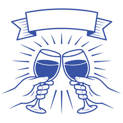 simple minimal linear style illustration with cartoon hands holding wine glasses, celebration and party vibe, invitation design element, banner, template Vector Black silhouettes.