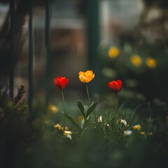 Naklejka premium Vibrant Red and Yellow Tulips in Garden Setting