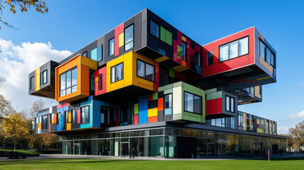 Obraz premium Vibrant solar panel mosaic envelops the offices, fusing sustainable energy with striking visuals