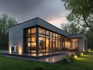 Fototapeta premium Night View of Air Source Heat Pump on Modern House Exterior with Grassy Yard and Cloudy Sky in the Background