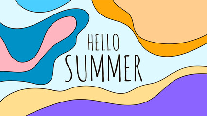 Naklejka premium HELLO SUMMER BACKGROUND BRIGHT ABSTRACT HANDDRAWN SHAPE FLAT PASTEL COLORFUL DESIGN VECTOR. GODD FOR FLYER, BANNERS, PRINT, WEBSITE, WALLPAPER, COVER DESIGN, GREETING CARD