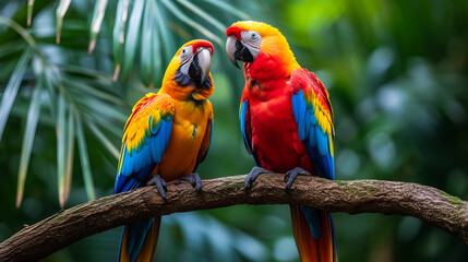 Vibrant Birds Amidst Palm Trees