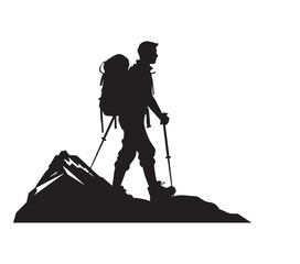 Hiker Silhouette Trekking Uphill with Stick White Background
