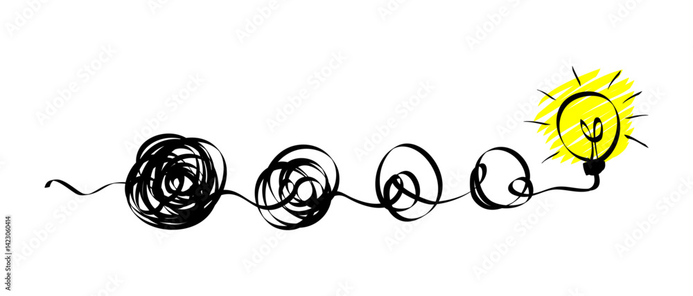 Poster creative bulb on doodle style. the concept of transition from complicated to simple with yellow bulb