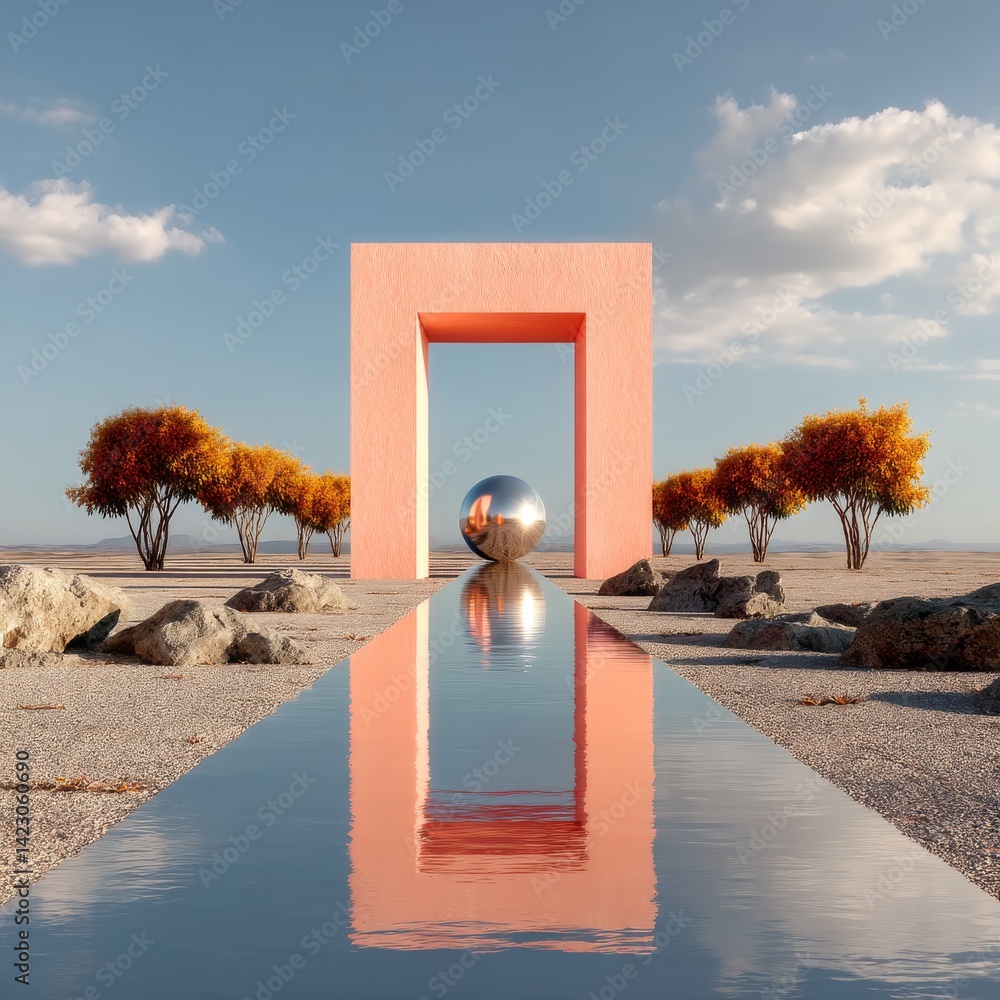 Poster tranquil reflection: an abstract portal in a desert landscape with water, trees, and a chrome sphere