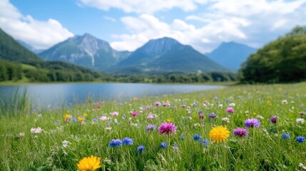 Obraz premium Wildflowers Lake Mountains Vibrant Nature High-resolution Landscape Close-up view Diverse blooms Flourishing meadow Mountain lake backdrop Bright cheerful hues Ideal for travel brochures