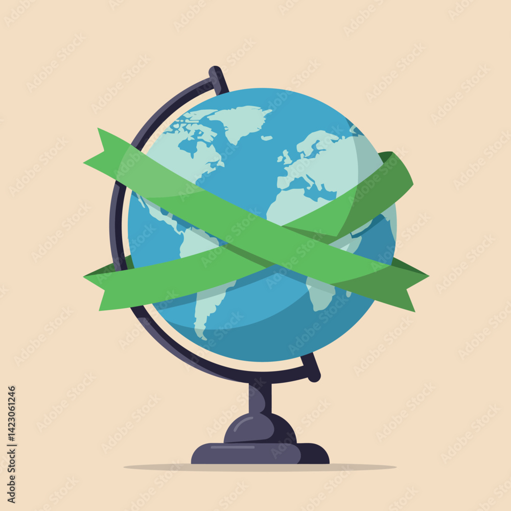 Poster globe with green ribbons symbolizing environmental awareness and global unity vector illustration