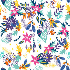 Trendy floral pattern with hearts and stars