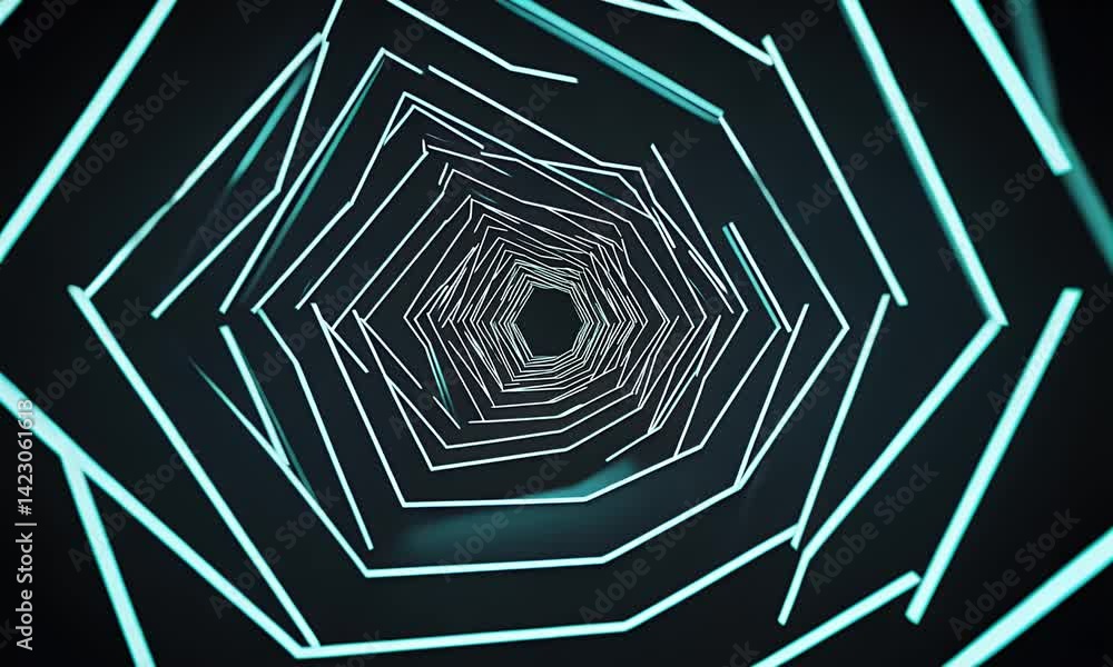 Poster 3d render of a black and teal hexagonal tunnel with glowing lines