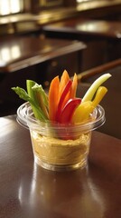 A clear container filled with cut vegetables and hummus for dipping - Cauliflower Bowl Tomatoes