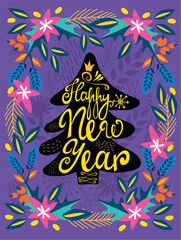 Happy New Year greeting card with floral tree design