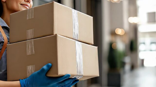 Delivery worker holding two taped cardboard boxes, symbolizing logistics and parcel transport. Themes of delivery, shipping, moving, safety and service work