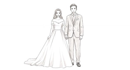 Fototapeta premium Elegant bride and groom wedding sketch romantic couple illustration