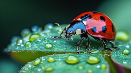 Fototapeta premium Close-up view of a ladybug on a clover leaf.