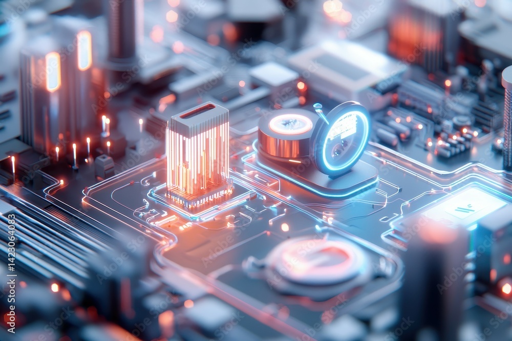 Poster futuristic macro view of a motherboard with glowing components and intricate circuitry.