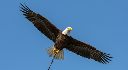 Fototapeta premium Bald Eagle Flying Against Blue Sky with Wings Spread Wide