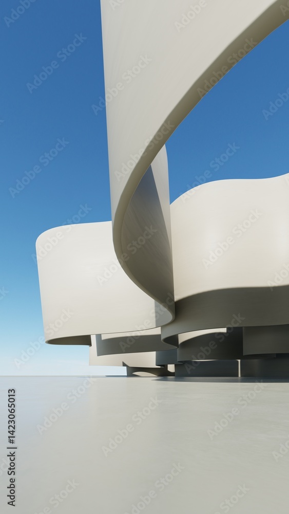 Poster 3d illustration of abstract architecture background, geometric architectural with wavy curve design, Empty floor for car presentation