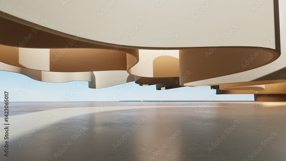Poster 3d illustration of abstract architecture background, geometric architectural with wavy curve design, Empty floor for car presentation